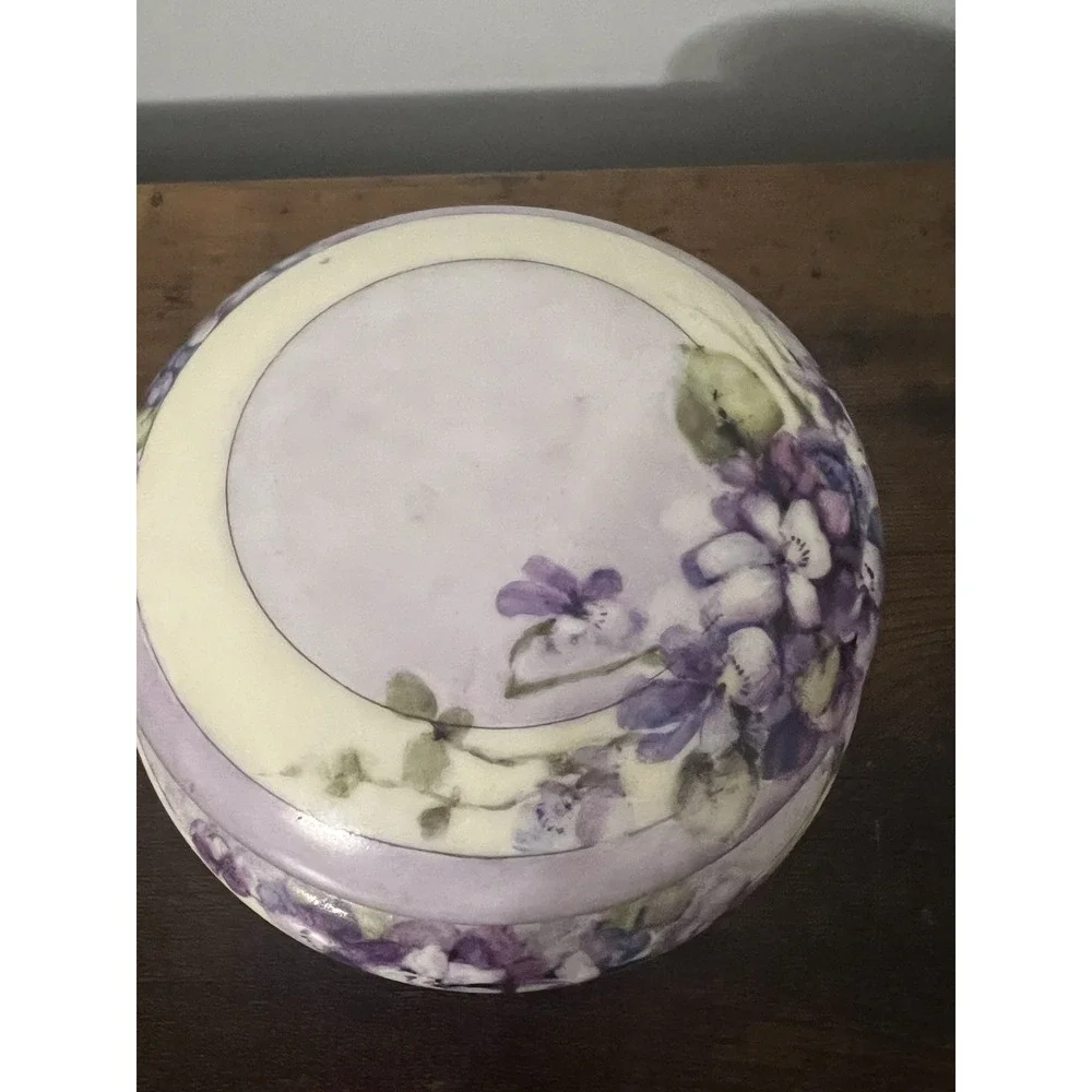 Vintage Hand Painted Porcelain Powder Jar Violet Flowers Gold Trim Vanity Box